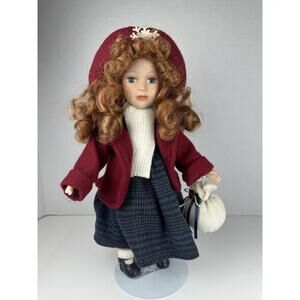 Vintage Porcelain Doll Winter Red Coat plaid dress 13" tall Collectors Choice
